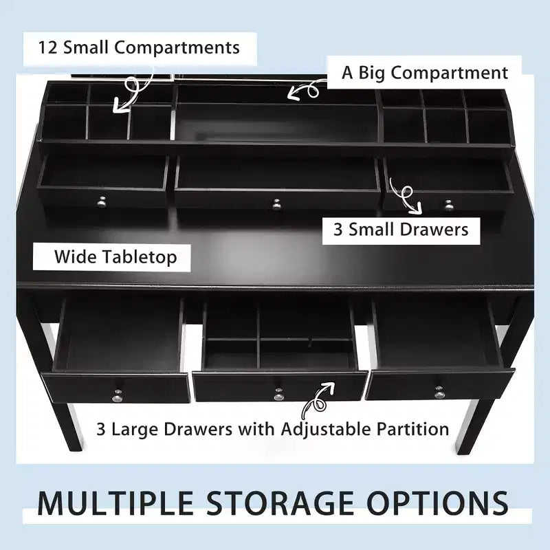 Costway Table de Maquillage et Tabouret Grand Miroir Triple avec Éclairage 6 Tiroirs Coiffeuse Blanc/Noir