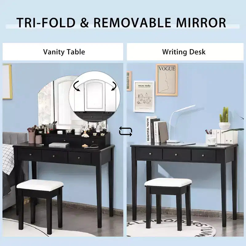Costway Table de Maquillage et Tabouret Grand Miroir Triple avec Éclairage 6 Tiroirs Coiffeuse Blanc/Noir