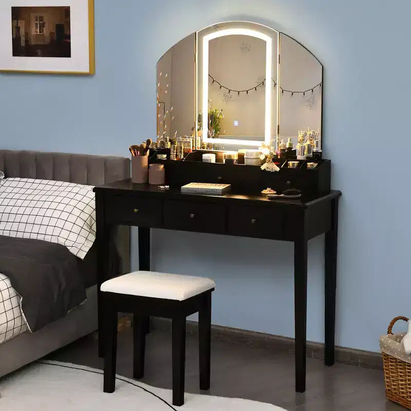 Costway Table de Maquillage et Tabouret Grand Miroir Triple avec Éclairage 6 Tiroirs Coiffeuse Blanc/Noir