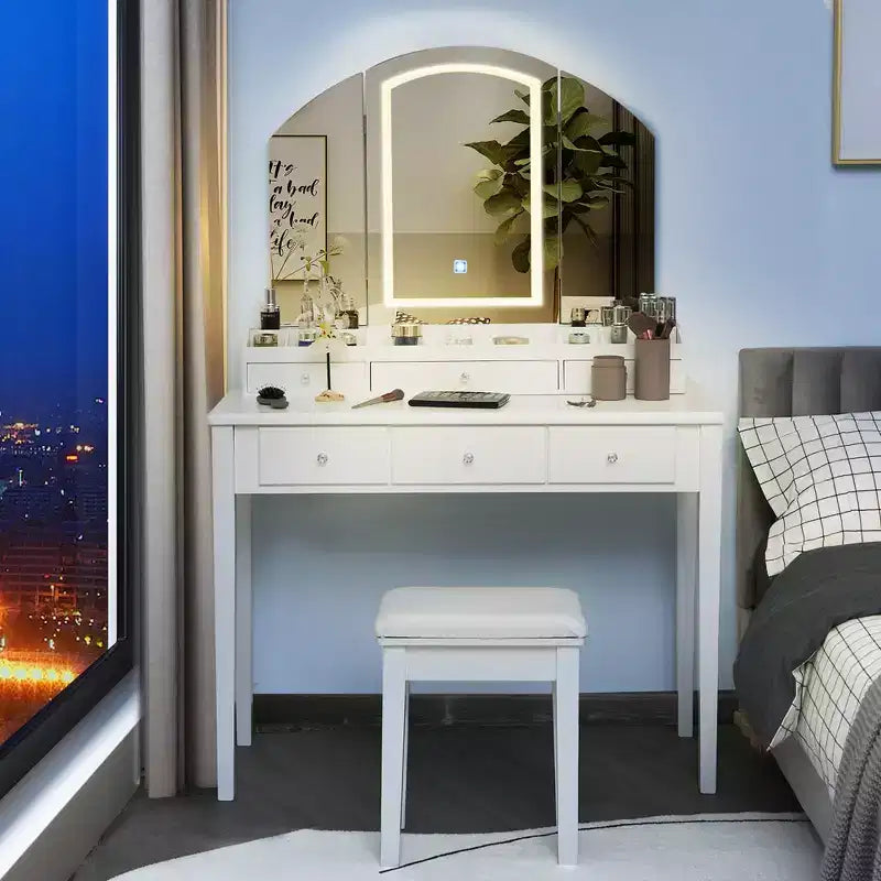 Costway Table de Maquillage et Tabouret Grand Miroir Triple avec Éclairage 6 Tiroirs Coiffeuse Blanc/Noir