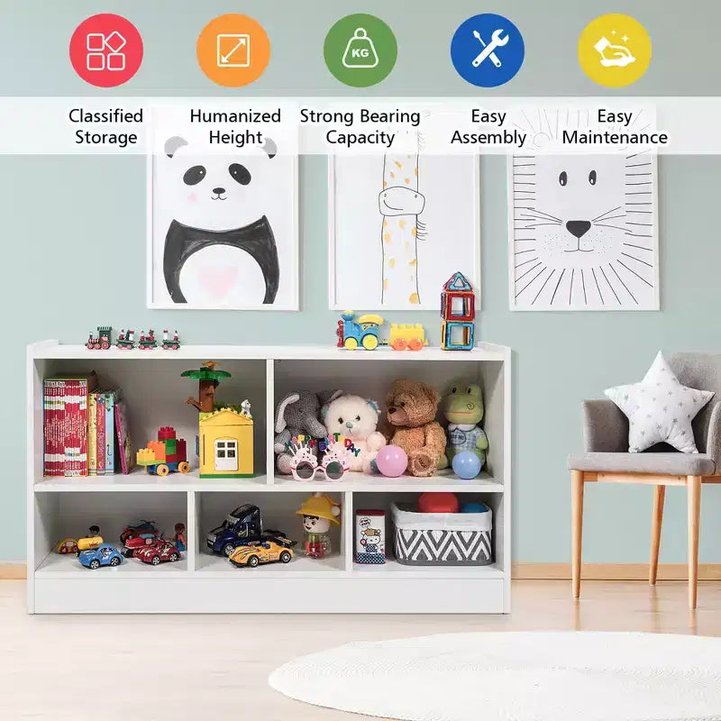 Costway Bibliothèque Enfant 2 Étagères Meuble Rangement Jouets en Bois 5 Cubes Organisateur Blanc