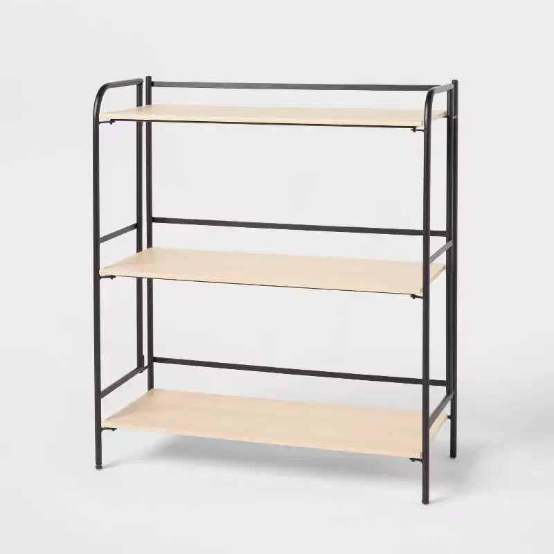 Folding 3 Shelf Black Metal with Natural Wood Shelves - Brightroom