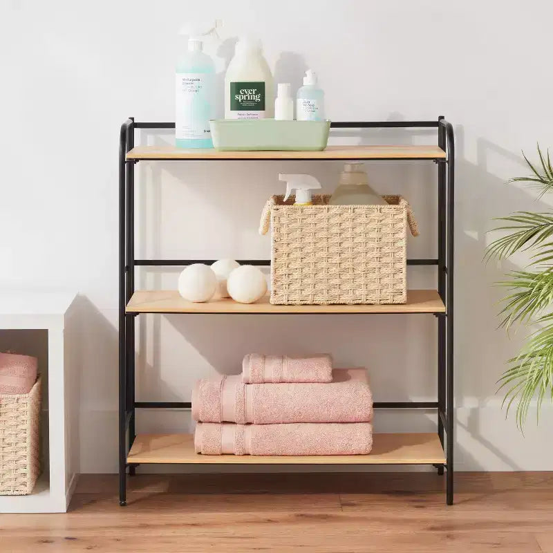 Étagère pliante 3 niveaux en métal noir avec étagères en bois naturel - Brightroom