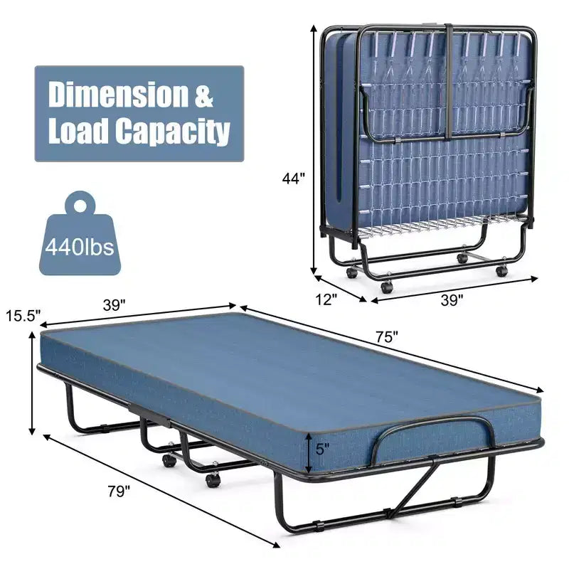 Costway Lit Pliant avec Matelas en Mousse à Mémoire de Forme, Lit d'Appoint Portable Pliable, Mousse à Mémoire de Forme Bleu Marine Fabriqué en Ital