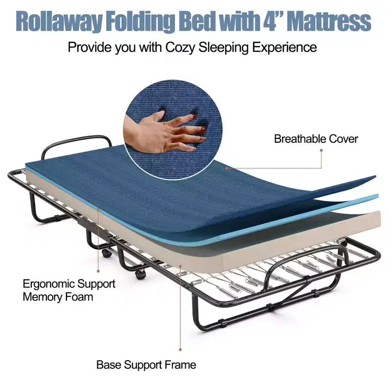 Costway Lit Pliant avec Matelas en Mousse à Mémoire de Forme, Lit d'Appoint Portable Pliable, Mousse à Mémoire de Forme Bleu Marine Fabriqué en Ital