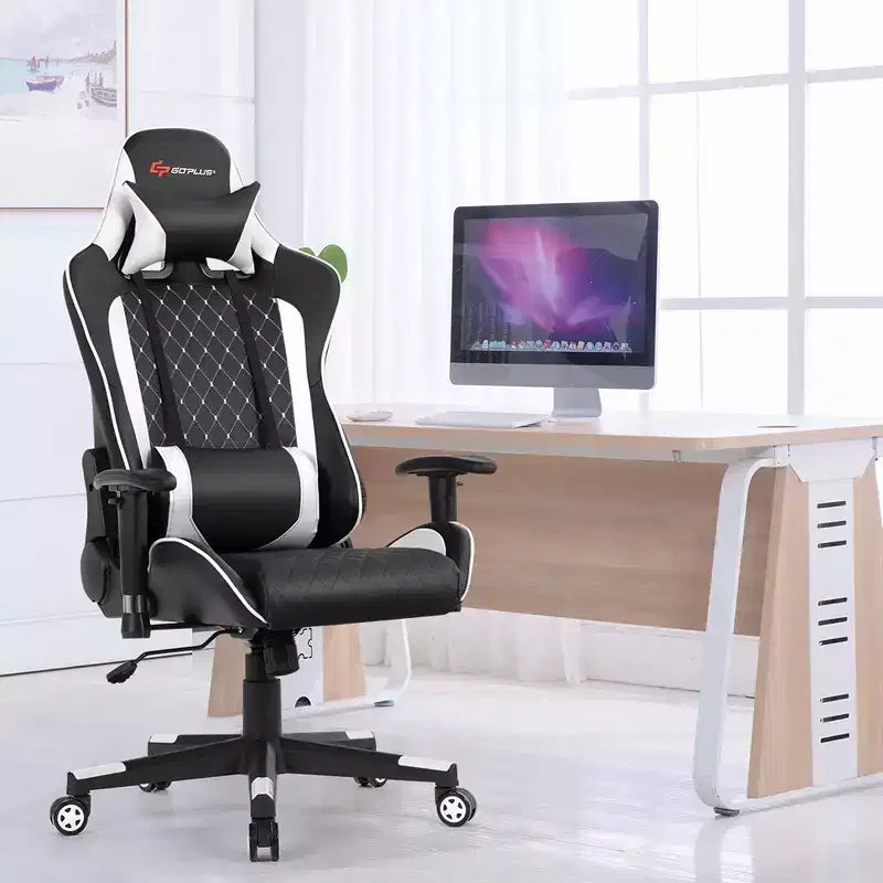 Fauteuil de massage gamer inclinable Costway avec support lombaire et appui-tête Blanc/Bleu/Rose/Rouge