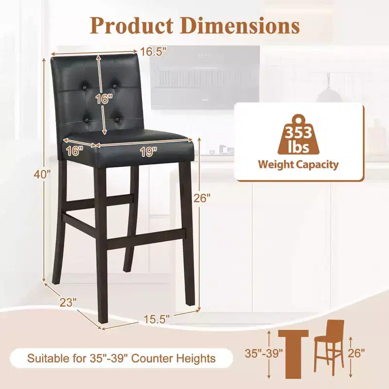 Costway Lot de 2 tabourets de bar de 63,5 cm de hauteur pour comptoir, chaise de pub, bois d'hévéa, noir