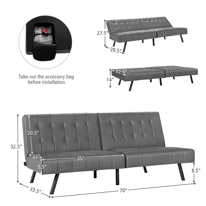 Canapé-lit Costway en similicuir convertible pliable, blanc/noir/gris