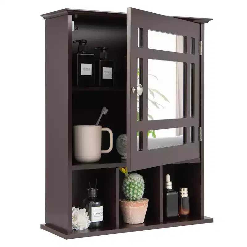 Meuble de rangement mural de salle de bain Costway avec miroir et étagère réglable Gris/Marron
