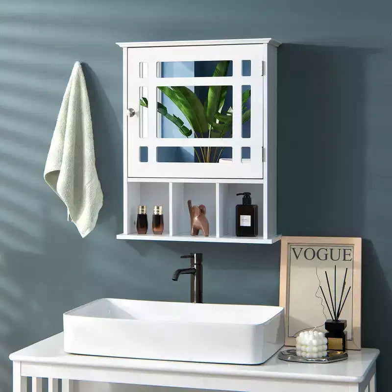Meuble de rangement mural de salle de bain Costway avec miroir et étagère réglable Gris/Marron