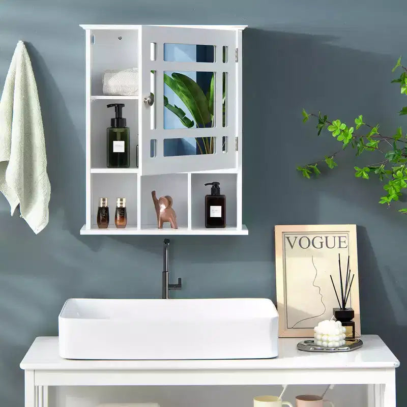 Meuble de rangement mural de salle de bain Costway avec miroir et étagère réglable Gris/Marron