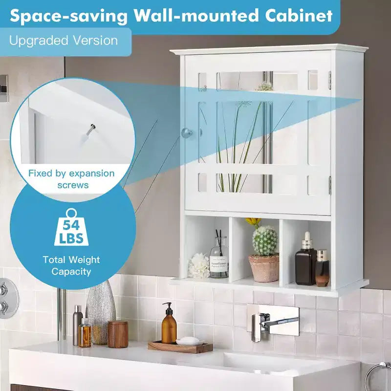 Meuble de rangement mural de salle de bain Costway avec miroir et étagère réglable Gris/Marron