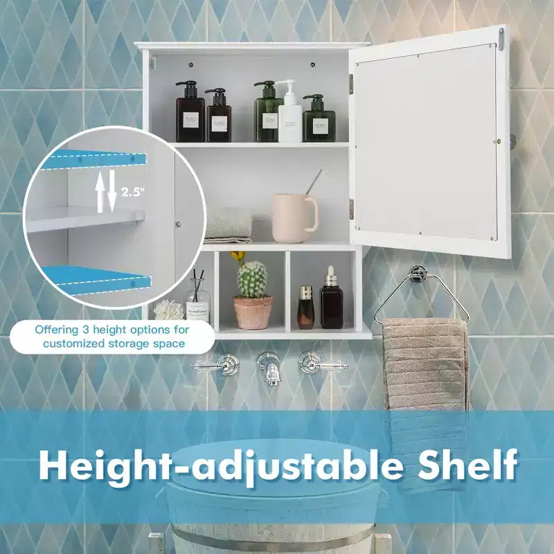 Meuble de rangement mural de salle de bain Costway avec miroir et étagère réglable Gris/Marron
