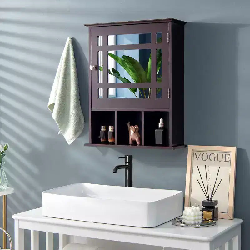 Meuble de rangement mural de salle de bain Costway avec miroir et étagère réglable Gris/Marron