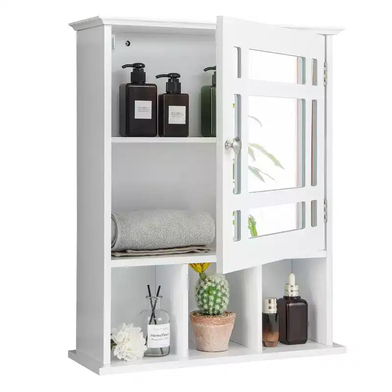 Meuble de rangement mural de salle de bain Costway avec miroir et étagère réglable Gris/Marron