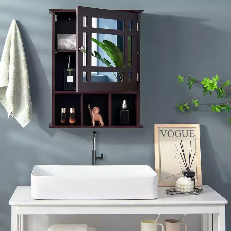 Meuble de rangement mural de salle de bain Costway avec miroir et étagère réglable Gris/Marron