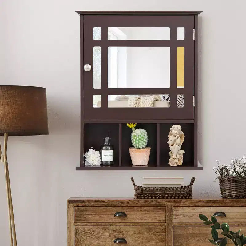 Meuble de rangement mural de salle de bain Costway avec miroir et étagère réglable Gris/Marron