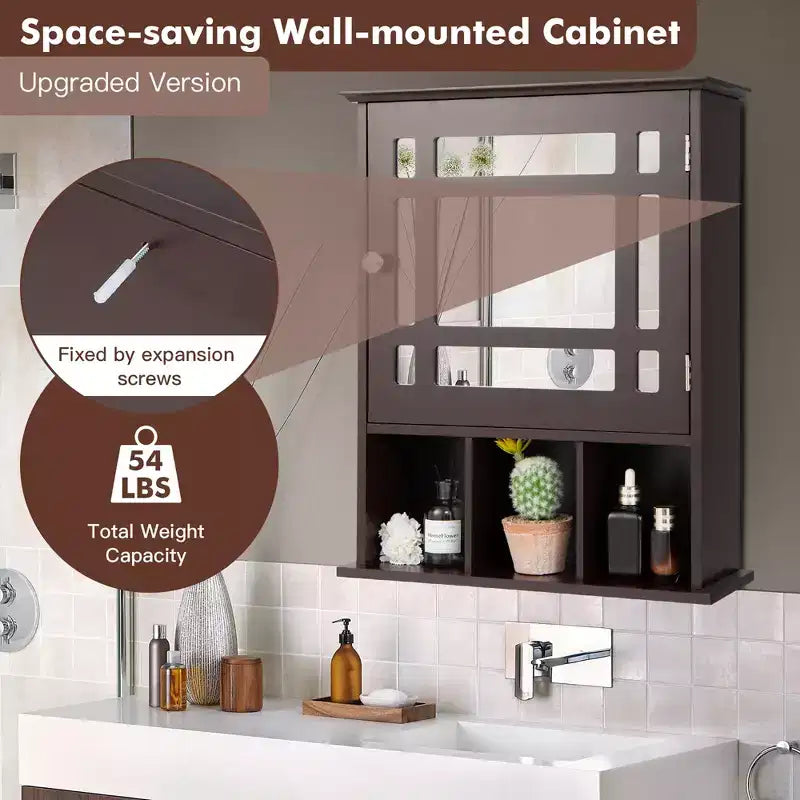 Meuble de rangement mural de salle de bain Costway avec miroir et étagère réglable Gris/Marron