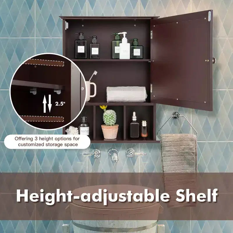 Meuble de rangement mural de salle de bain Costway avec miroir et étagère réglable Gris/Marron