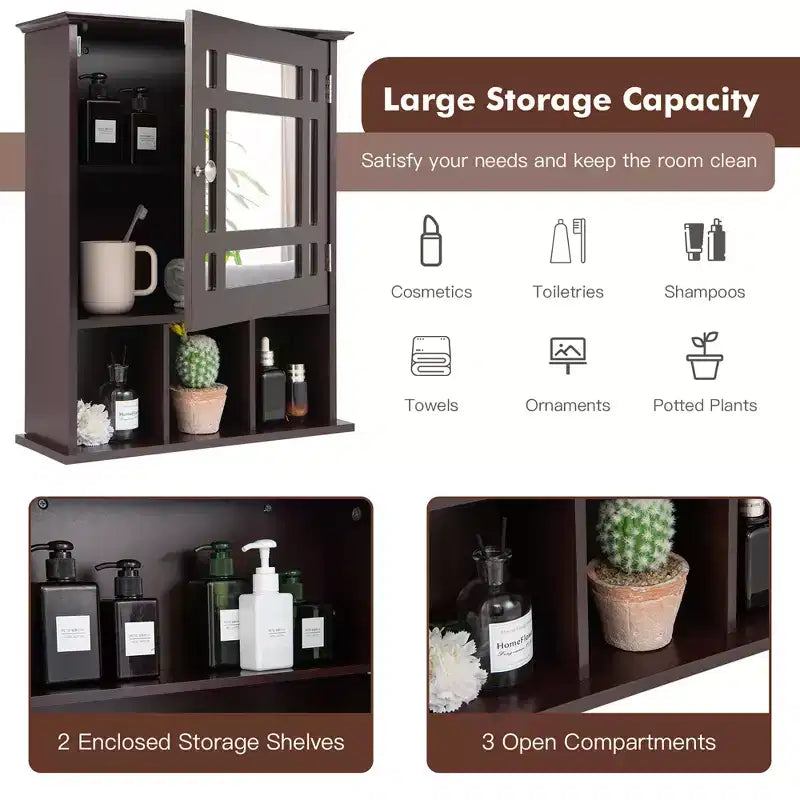 Meuble de rangement mural de salle de bain Costway avec miroir et étagère réglable Gris/Marron