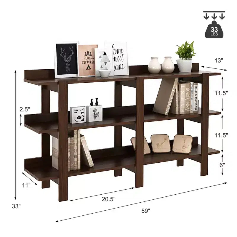 Costway Table console à 3 niveaux de 150 cm avec rangement, en bois, pour canapé, entrée, Noyer brun