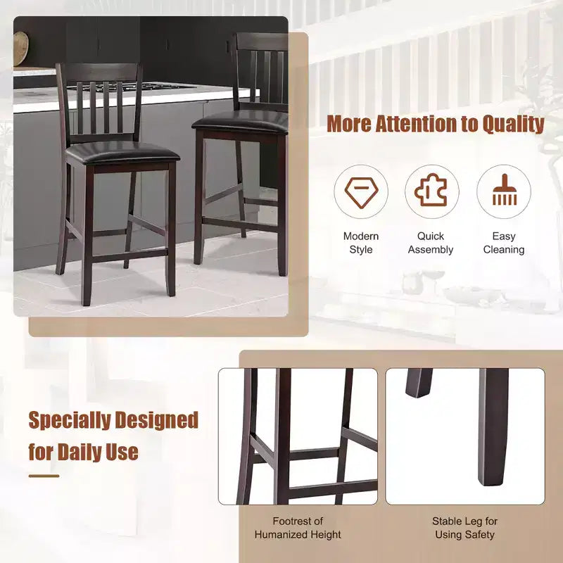 Costway Lot de 4 tabourets de bar Chaises hauteur comptoir avec siège en cuir PU Espresso