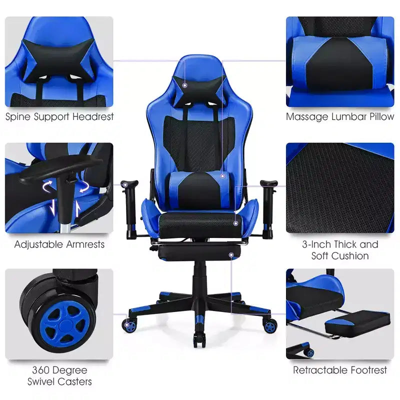 Chaise de jeu massante Costway, fauteuil de bureau inclinable style course avec repose-pieds blanc/bleu/rose/rouge