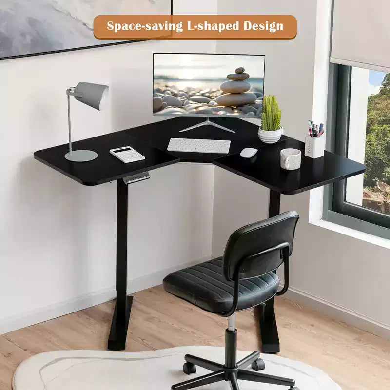 Bureau d'angle réglable électrique Costway avec contrôleur, 2 crochets, noir/rustique