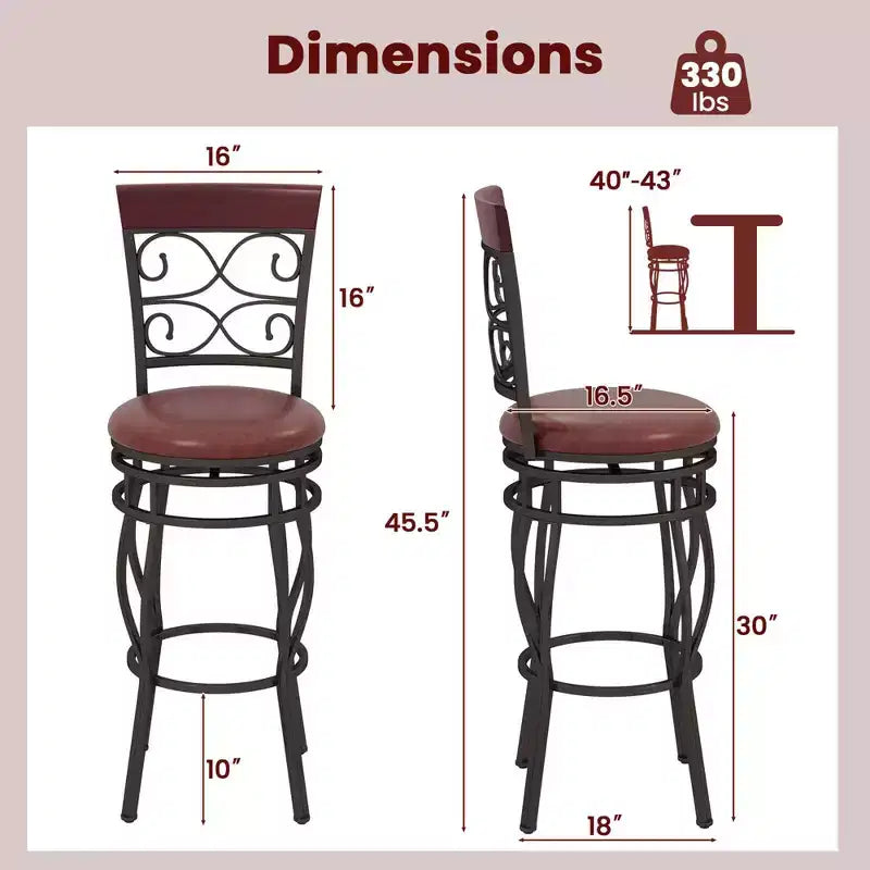 Lot de 2 tabourets de bar vintage Costway, hauteur 76 cm, assise rembourrée pivotante, pour bistrot, salle à manger, cuisine, pub