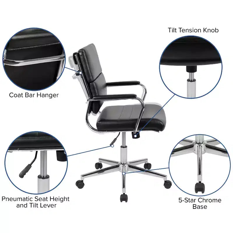 Chaise de bureau ergonomique Merrick Lane à dossier moyen pivotante, style panneau, avec accoudoirs et base en métal rembourrés