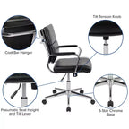 Chaise de bureau ergonomique Merrick Lane à dossier moyen pivotante, style panneau, avec accoudoirs et base en métal rembourrés
