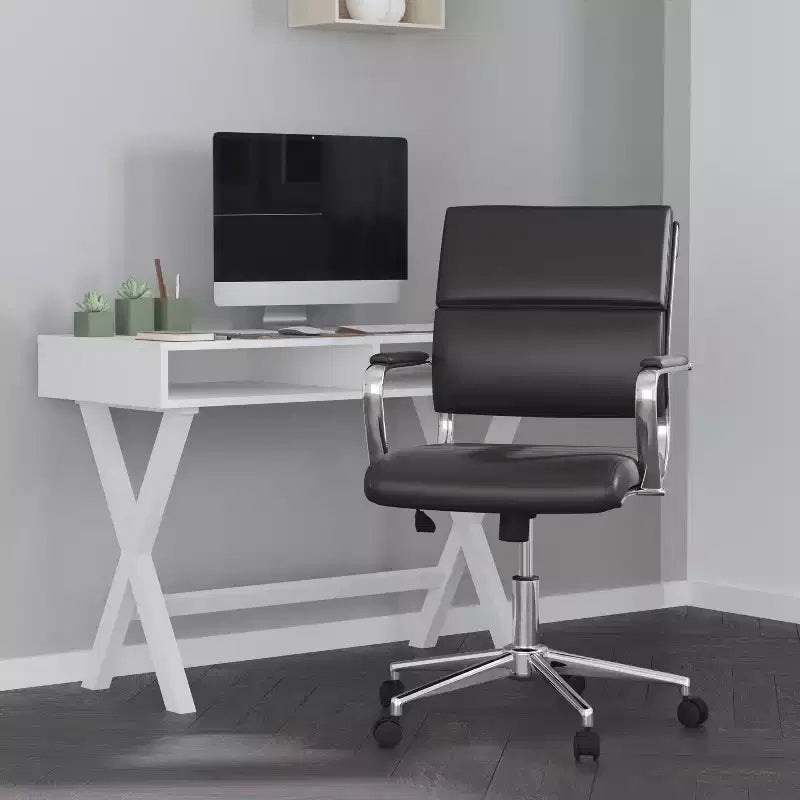 Chaise de bureau ergonomique Merrick Lane à dossier moyen pivotante, style panneau, avec accoudoirs et base en métal rembourrés