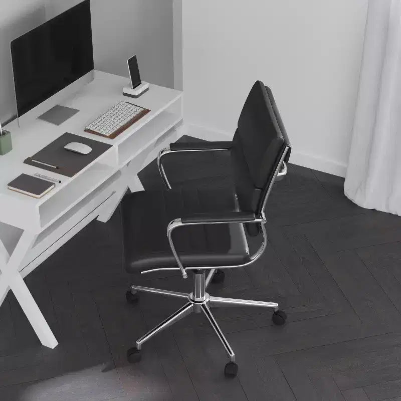 Chaise de bureau ergonomique Merrick Lane à dossier moyen pivotante, style panneau, avec accoudoirs et base en métal rembourrés