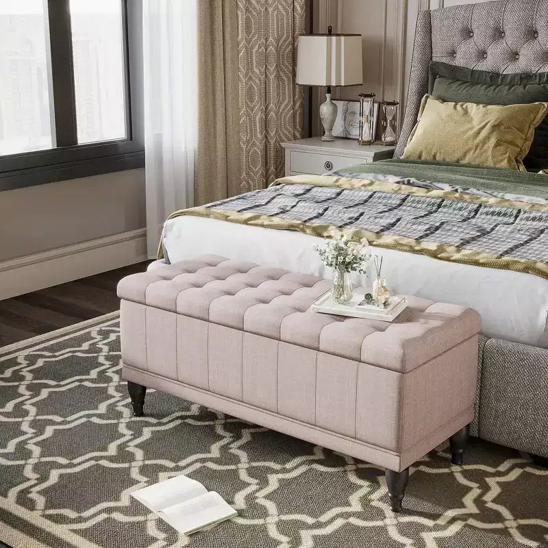 HOMCOM Grand banc de rangement capitonné 42 po en tissu de lin avec couvercle à fermeture en douceur pour salon, entrée ou chambre à coucher