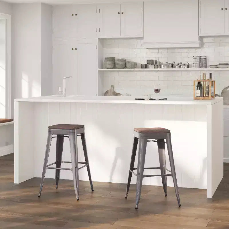 Tabouret de comptoir de bar Merrick Lane en métal gris laqué avec assise en bois d'orme noyer texturé
