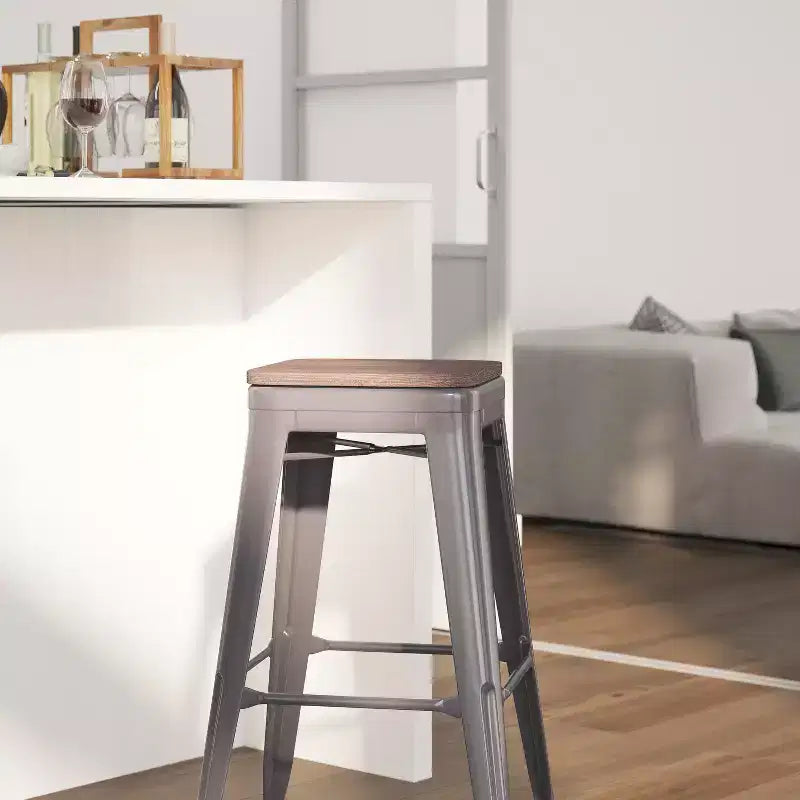 Tabouret de comptoir de bar Merrick Lane en métal gris laqué avec assise en bois d'orme noyer texturé