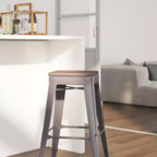 Tabouret de comptoir de bar Merrick Lane en métal gris laqué avec assise en bois d'orme noyer texturé