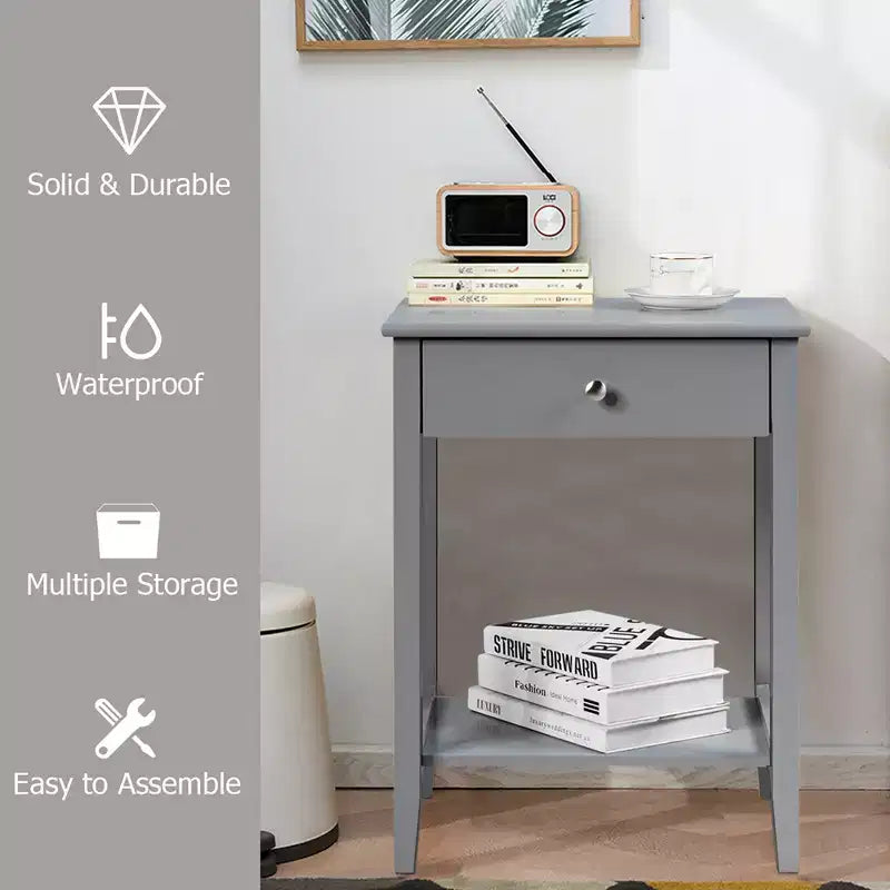 Table de chevet Costway – Meuble de rangement pour chambre à coucher avec tiroir et étagère, blanc/marron/gris