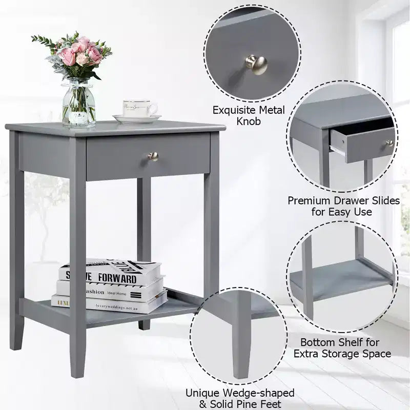 Table de chevet Costway – Meuble de rangement pour chambre à coucher avec tiroir et étagère, blanc/marron/gris