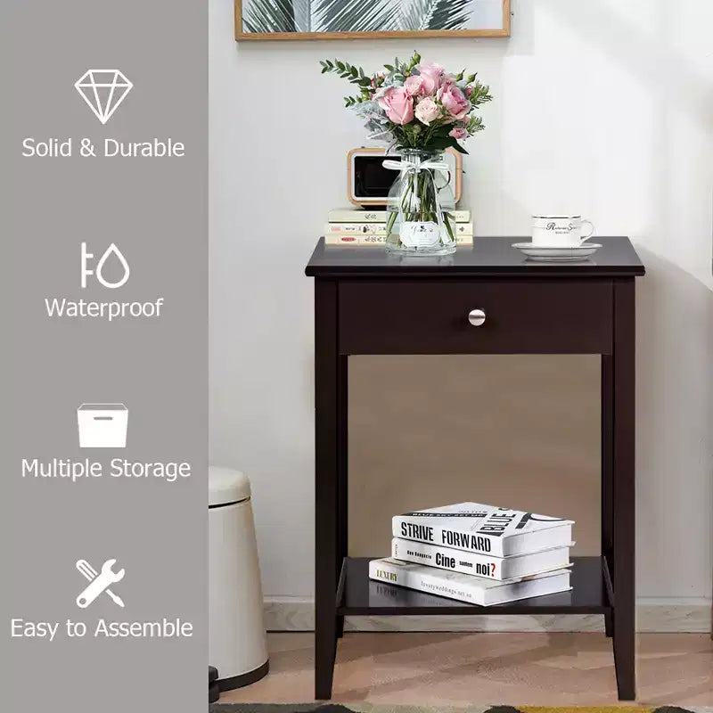 Table de chevet Costway – Meuble de rangement pour chambre à coucher avec tiroir et étagère, blanc/marron/gris