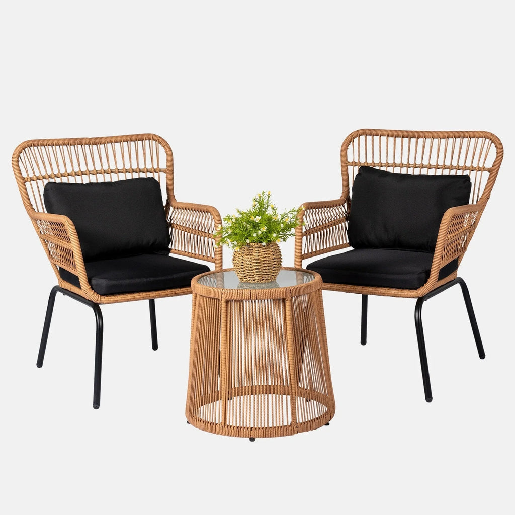 Ensemble bistrot 3 pièces d'extérieur en osier, meubles de terrasse en rotin résistant aux intempéries avec coussins