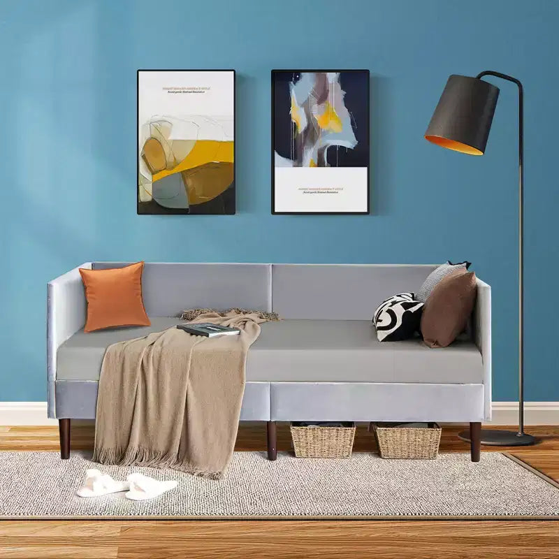 Lit de repos double Costway, rembourré en lin, cadre de canapé en bois, robuste, pour salon, gris