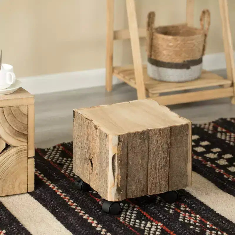 Tabouret carré décoratif Vintiquewise en bois naturel, avec roulettes pour intérieur et extérieur