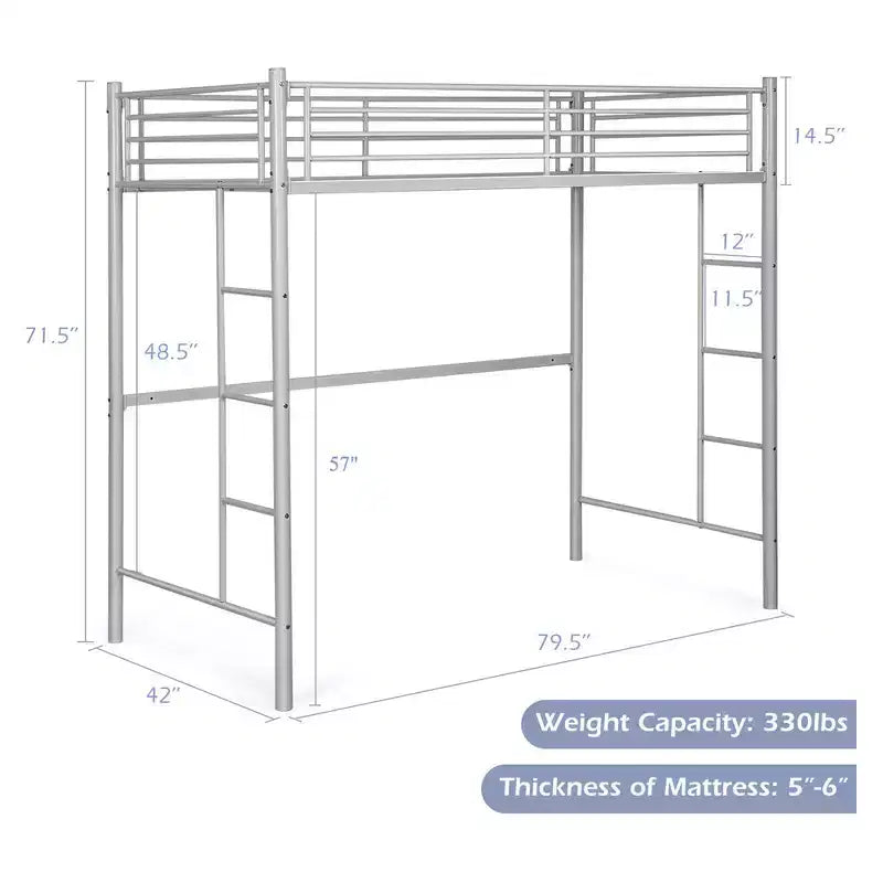 Cadre de lit mezzanine double en métal Costway avec 2 échelles, garde-corps pleine longueur, gain de place