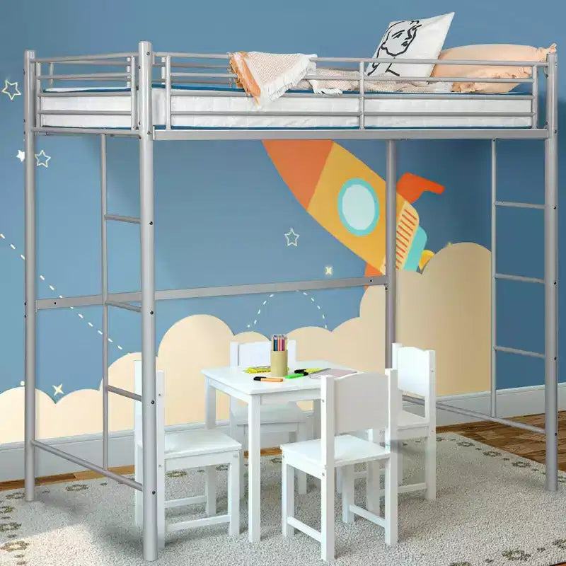 Cadre de lit mezzanine double en métal Costway avec 2 échelles, garde-corps pleine longueur, gain de place