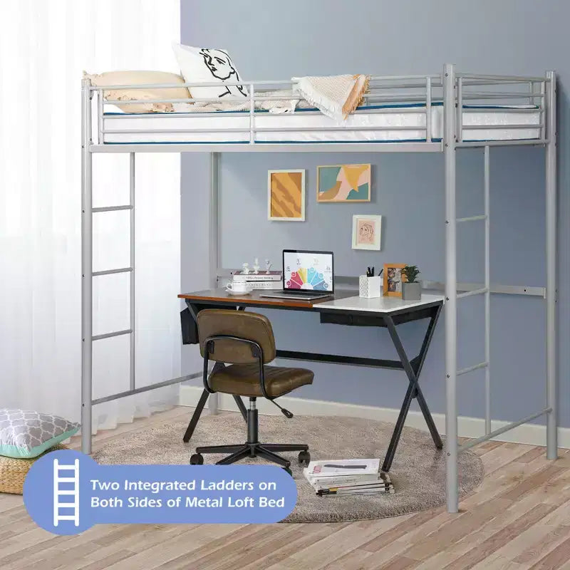 Cadre de lit mezzanine double en métal Costway avec 2 échelles, garde-corps pleine longueur, gain de place