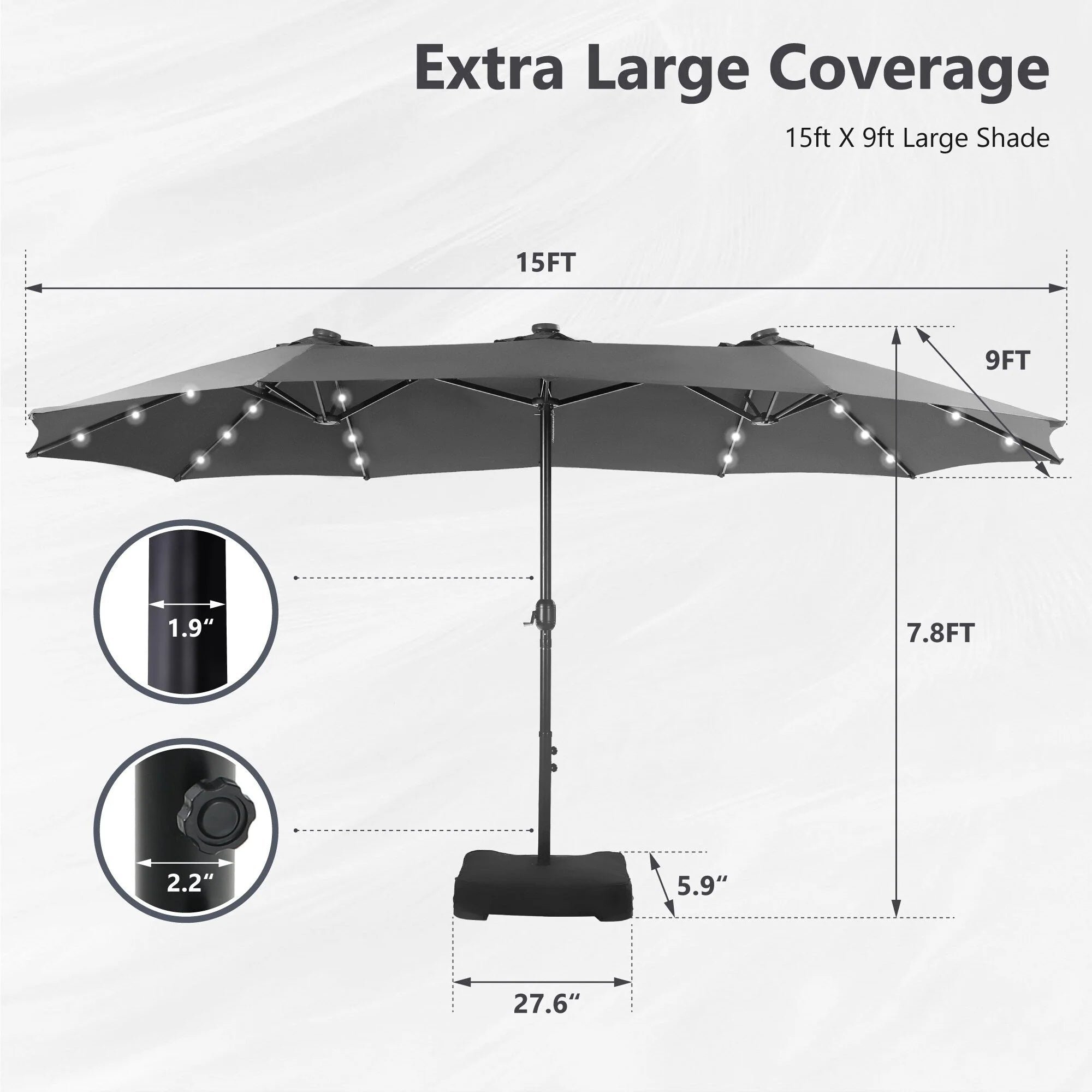 MAISON ARTS Parasol de marché extérieur rectangulaire de 4,5 m avec manivelle, double face, lumières LED solaires et base incluse