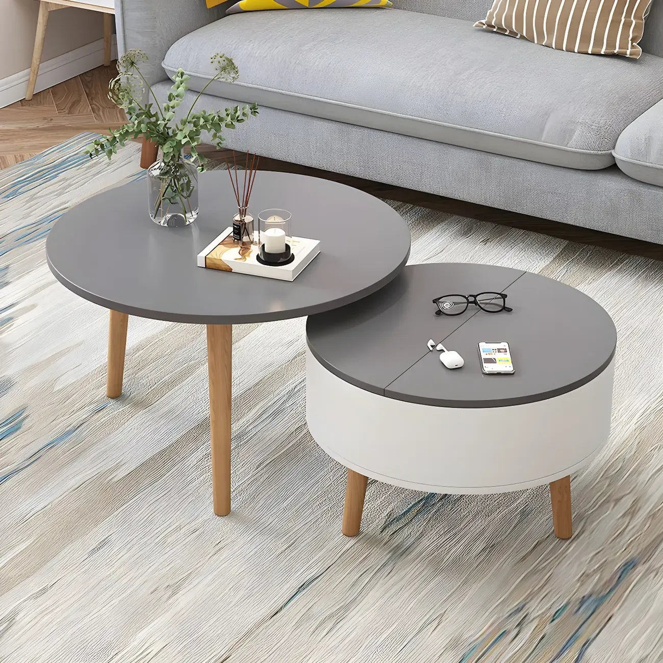 Table basse ronde en bois noir et blanc moderne avec rangement