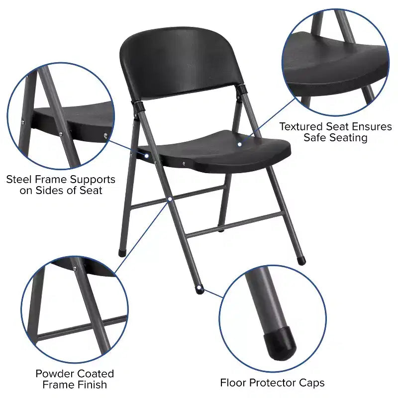 Chaise pliante en plastique noir Emma and Oliver, lot de 6, capacité de 150 kg, cadre anthracite – Chaise d'événement