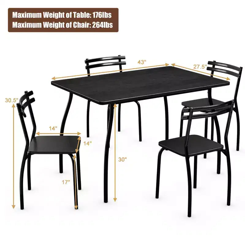 Costway Ensemble Table à Manger 5 Pièces 76 cm et 4 Chaises Meubles de Cuisine Salle à Manger Petit Déjeuner Noir